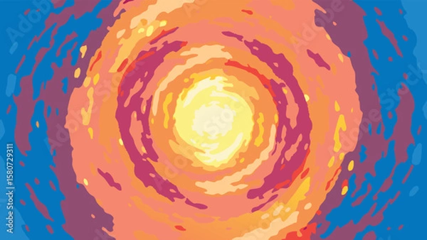Fototapeta Abstract concentric circles in warm hues radiating from a central bright light source, with blue edges