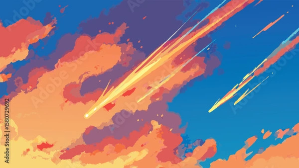 Fototapeta Illustration of a vibrant sky with orange clouds and shooting stars creating a celestial atmosphere scene