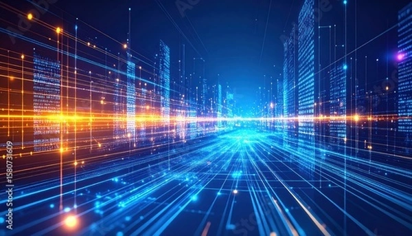 Fototapeta Futuristic digital cityscape with glowing blue and orange lines, symbolizing technology, data, and advanced virtual connectivity.