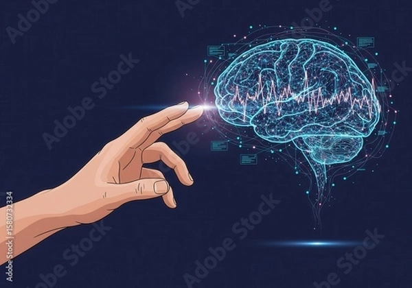 Fototapeta A hand interacts with a glowing blue digital brain displaying neural networks and waveforms, symbolizing AI, neuroscience, and data.