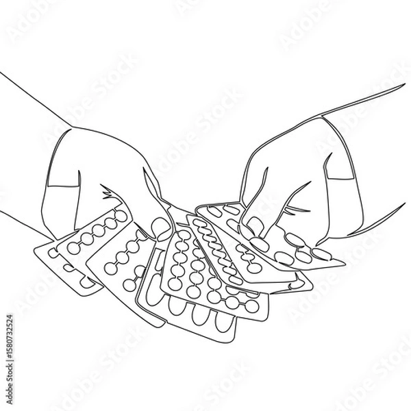 Fototapeta Continuous one single line drawing Hand Holding Multiple Blister Packs of Pills Pharmaceutical and Healthcare vector illustration concept