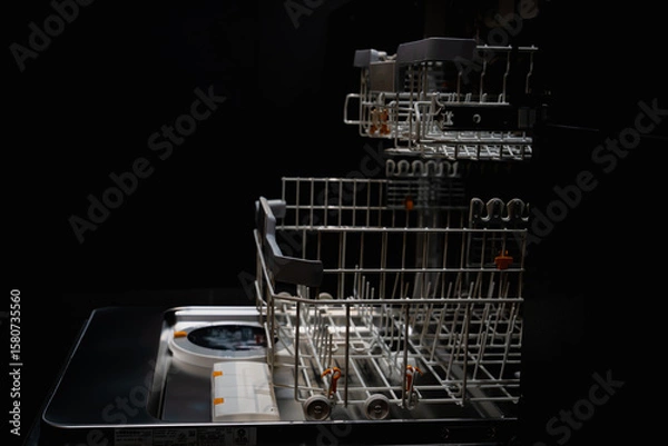 Fototapeta 間接照明と黒を基調としたスタイリッシュなシステムキッチン、食器洗い機とシンク、ihクッキングヒーター