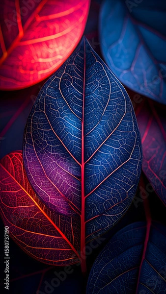 Fototapeta A vibrant arrangement of leaves showcasing intricate patterns and colors.