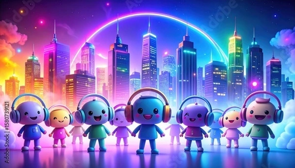 Fototapeta Cute cartoon characters with headphones stand in front of a vibrant, colorful city skyline under a glowing rainbow at dusk.