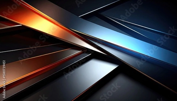 Fototapeta Abstract metallic strips with blue and orange highlights crossing over a dark, reflective background.