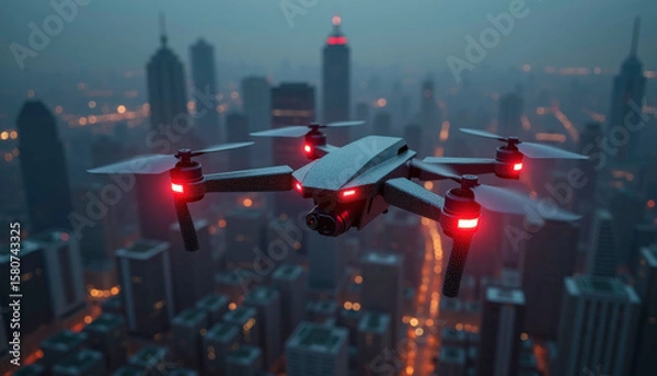 Fototapeta Aerial drone flying over a city skyline at dusk, high-tech mood, illuminated buildings
