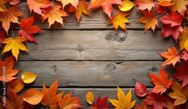 Fototapeta Top view of autumn leaves framing an old wooden surface. Warm red, orange, and yellow tones create a cozy seasonal background, perfect for fall-themed designs, cards, and ads