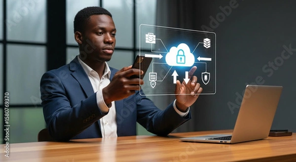 Fototapeta Man interacting with a digital interface displaying cloud security and data transfer icons