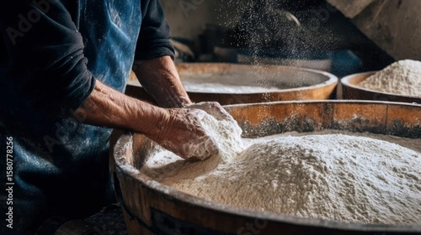 Fototapeta The process of transforming wheat into flour in a traditional wheat milling operation