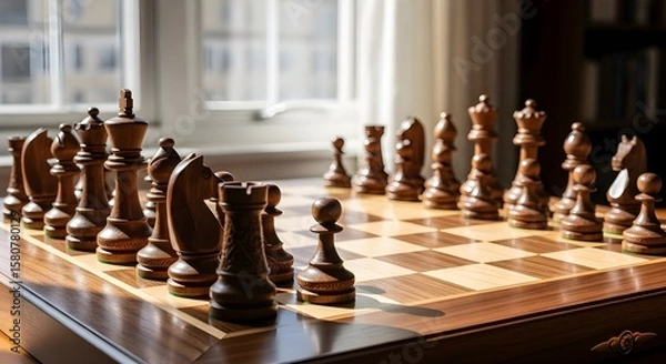 Fototapeta Beautifully crafted wooden chessboard with intricately carved pieces mid-game, bathed in soft natural sunlight from a nearby window, creating a warm and elegant environment for strategic thought