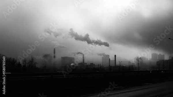 Fototapeta Pollution in urban areas due to factory emissions  a growing environmental concern