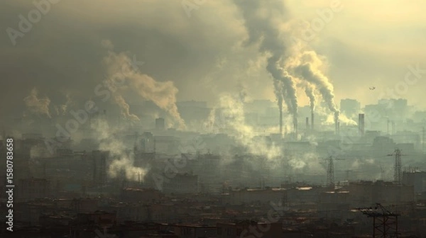 Fototapeta Air pollution in urban areas due to factory emissions contributing to poor air quality