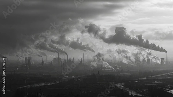 Fototapeta Pollution in urban areas  factories contributing to poor air quality with smoke emissions