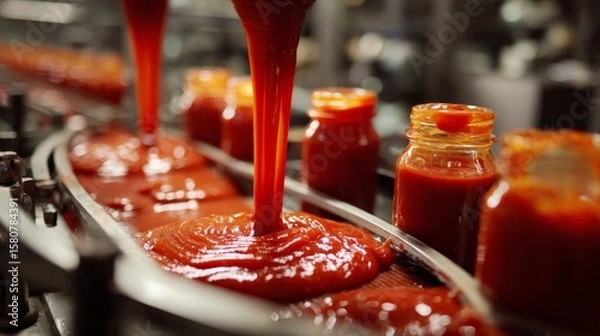 Fototapeta The process of ketchup production  from tomatoes to bottling and quality control