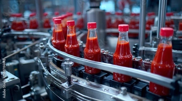 Fototapeta The comprehensive process of ketchup production  from tomatoes to bottling and beyond