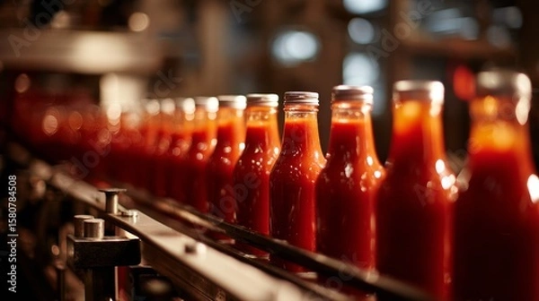 Fototapeta The process of ketchup manufacturing  from tomatoes to bottled condiment delights
