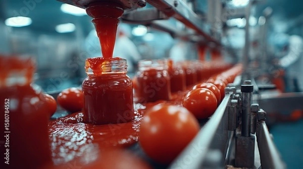 Fototapeta The process of ketchup production  from tomatoes to bottled condiments in food industry
