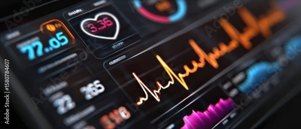Fototapeta Close-up of a digital health monitor displaying vital signs, including heart rate and ECG.