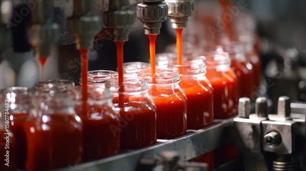 Fototapeta The process of ketchup production  from tomatoes to bottling and flavor development