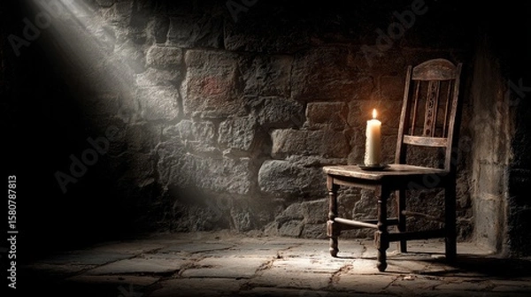 Obraz Empty wooden chair in dark stone room illuminated by single candlelight, vintage 1970s album cover style with moody atmospheric lighting and minimalist composition.