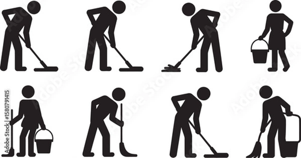 Obraz Cleaning Person Silhouettes Vector Set – Stick Figure Icons of People Mopping and Carrying Buckets