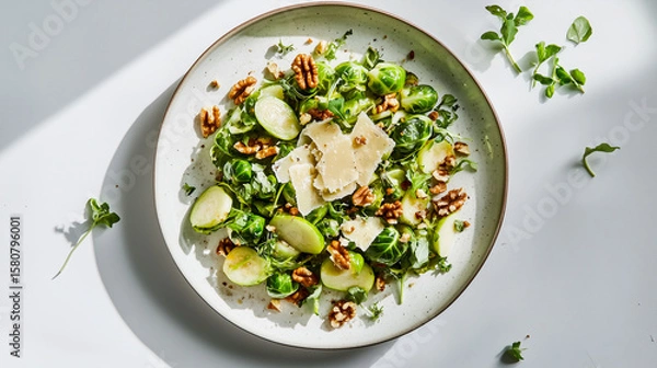 Fototapeta Brussels sprout salad with shaved cheddar, toasted walnuts, sliced apple in clean, modern aesthetic.