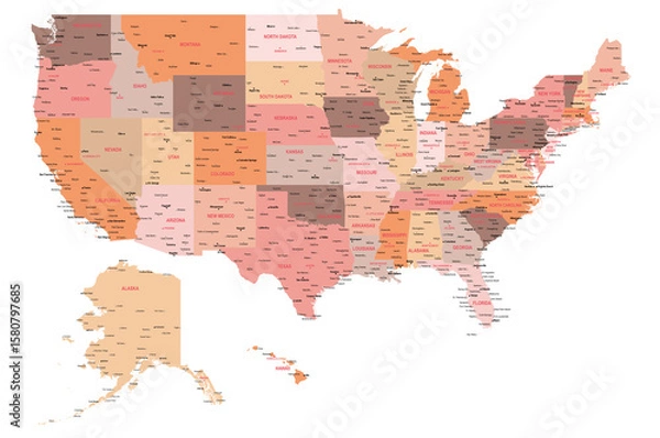 Fototapeta Illustration, map of USA. State names are in a red/pink   in capitals, state capitals are smaller with a star next to them, major cities and smaller cities also shown. Min print to see text is A3.