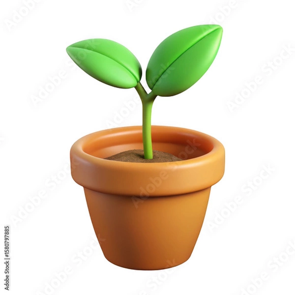 Fototapeta Cute 3d cartoon seedling with two green leaves growing in a terracotta pot isolated on transparent background