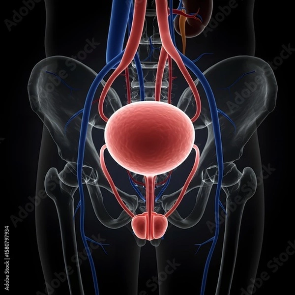 Fototapeta Detailed 3D Rendering of Human Urinary System with Pelvis and Blood Vessels on Black Background