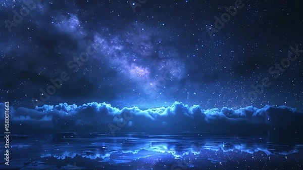 Obraz panoramic view of celestial horizon of midnight blue with shimmering stars, rolling clouds, and reflected starlight under vast galaxy sky