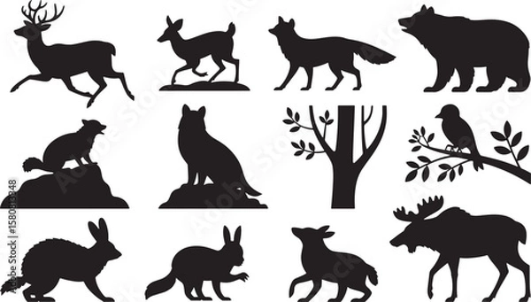 Obraz Charming Collection of Forest Animal Silhouettes: Fox, Owl, Rabbit, Lamb, and a Tree, Ideal for Nature and Woodland Themes.