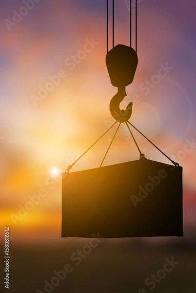 Fototapeta Crane hook lifting container sunset blur background