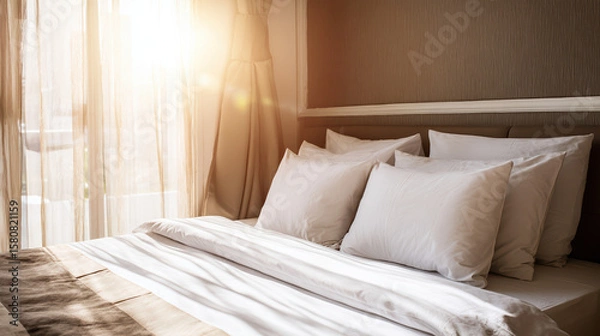 Fototapeta Stylish hotel room with crisp linens and morning sunlight filtering through sheer curtains.