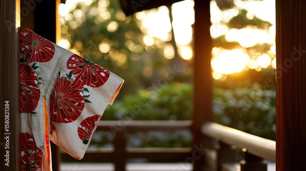 Fototapeta Kimono sleeve with dance patterns draped on a wooden veranda in golden sunset light.