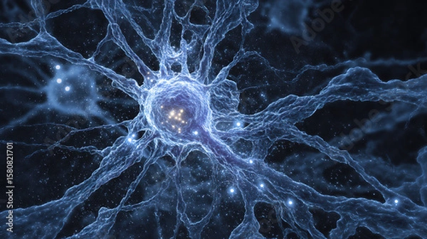 Fototapeta A neural stem cell dividing in midnight-blue tissue, resembling celestial star formation.