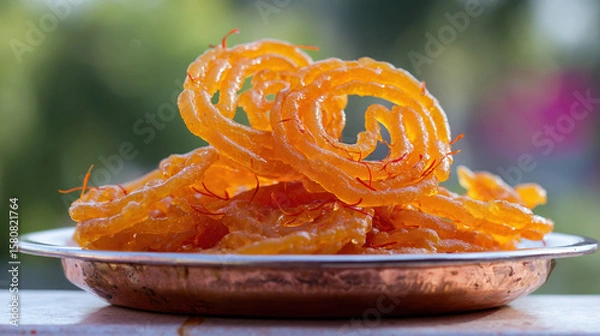 Fototapeta Close-up of golden jalebi dessert with saffron strands, evoking festive indulgence for India's Independence Day.
