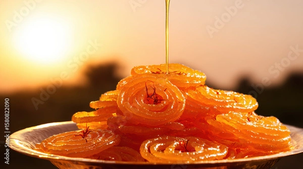 Fototapeta Close-up of golden jalebi dessert with saffron strands, evoking festive indulgence for India's Independence Day.