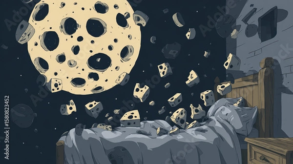 Fototapeta A Swiss cheese moon floating above a bed, with shadowy dream figures emerging from its holes.
