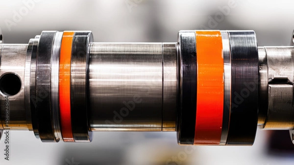 Fototapeta A close-up view of industrial machinery with metallic textures and orange safety details.