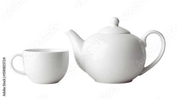 Fototapeta Elegant white teapot and cup set on a clean background, perfect for tea lovers and cozy gatherings.