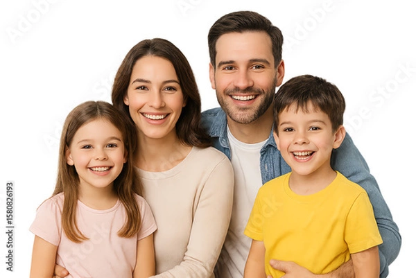 Fototapeta Happy family portrait with smiling parents and kids.  isolated transparent on white background. png die-cut for advertising