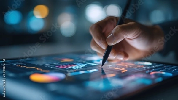 Obraz Hand using stylus on tablet displaying data charts and graphs Technology
