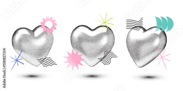 Fototapeta Set of grainy black halftone 3d chrome hearts with abstract retro elements. Stipple shading, effect, colorful design shapes with grainy texture. Vector isolated elements for banner, poster etc.