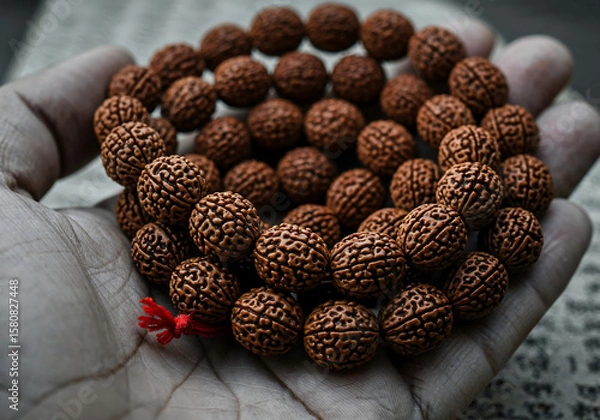 Obraz Extreme Close Up Macro Shot of Textured Rudraksha Beads Held in Hand for Spiritual Meditation