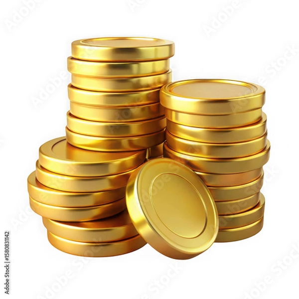Fototapeta Stacks of shiny gold coins isolated on white background