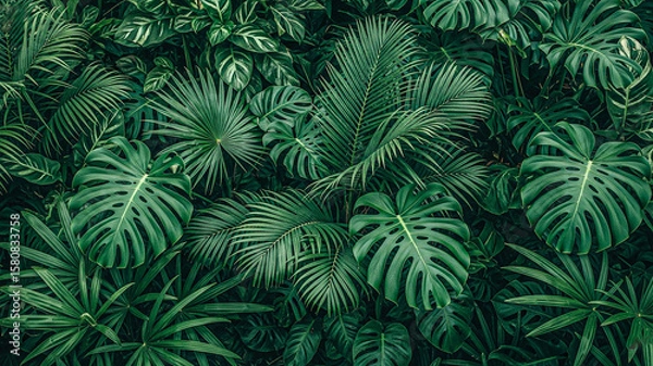 Fototapeta Lush Tropical Rainforest Foliage: Dark Green Monstera, Palm, and Exotic Leaf Background Texture