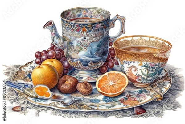 Fototapeta Watercolor illustration in the style of a realistic still life. An antique teapot, cup and various fruits - oranges, grapes, figs, as well as a dessert spoon and an elegant knife 