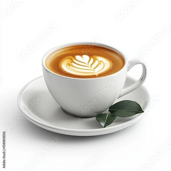 Fototapeta Cappuccino with Latte Art White Cup and Saucer on White Background