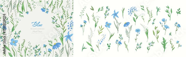 Obraz Floral set with colorful wild flowers and elegant branch. Botanical foliage for wedding invitation or wall art. Vector illustration