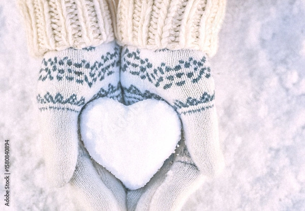 Fototapeta Hands in knitted mittens with heart shaped snow. Winters Day. Valentine's Day